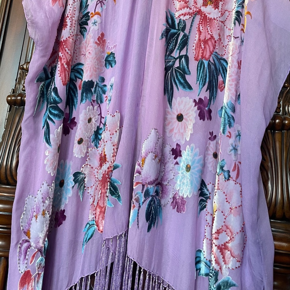 Vintage Burn Out Velvet Beaded and Fringe Shawl